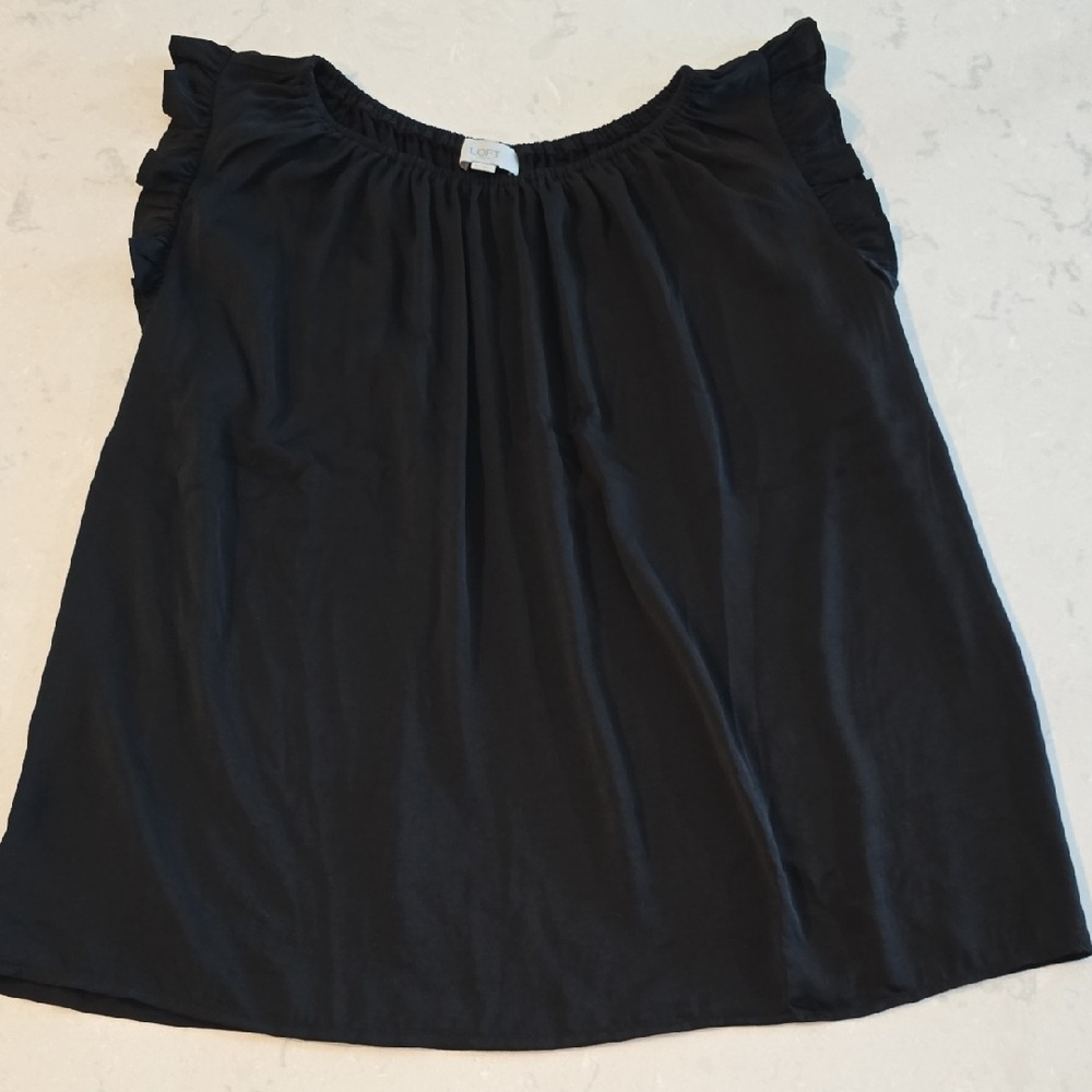 Loft Womens Black Ruffle Sleeve Gathered Neck Sleeveless Blouse Size L